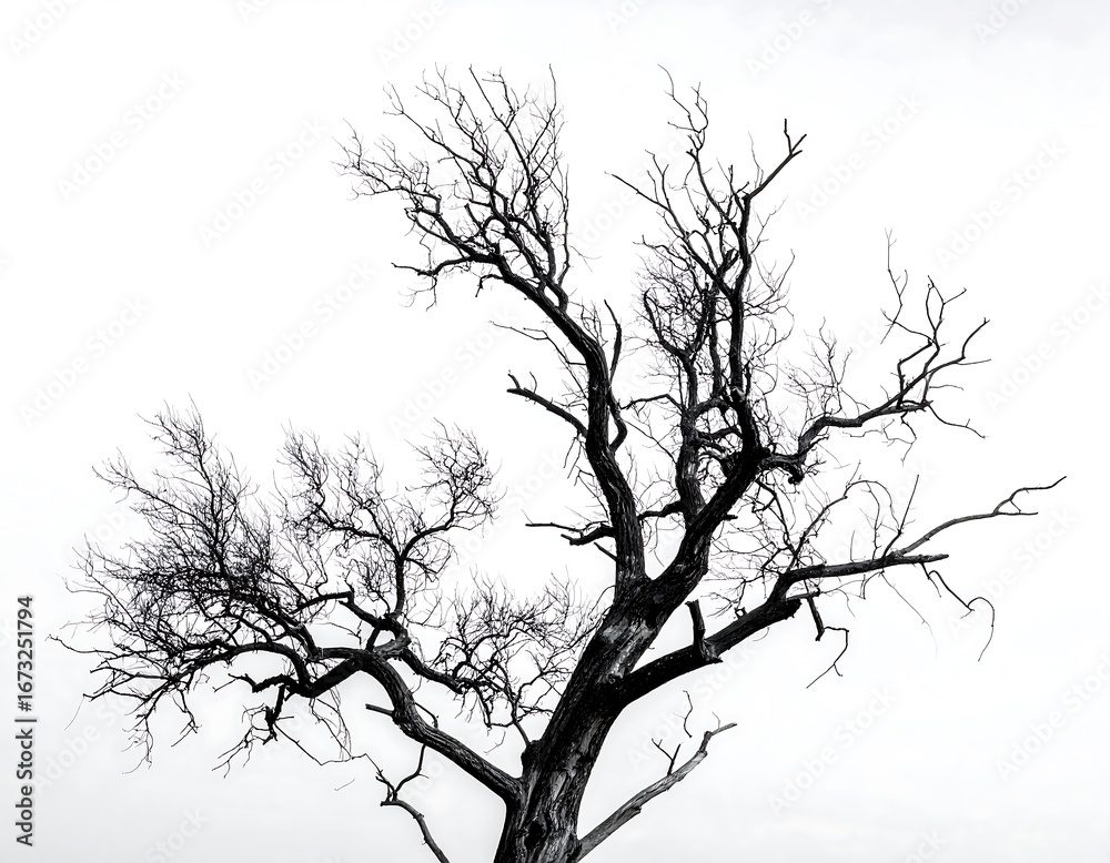 Obraz premium Bare tree silhouette against white sky