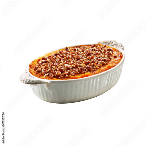 Delicious Sweet Potato Casserole with Pecan Topping in White Baking Dish