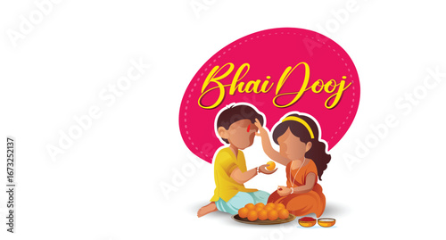 Illustration featuring a brother and sister celebrating Bhai Dooj with festive traditions, showcasing family bonding and cultural warmth.