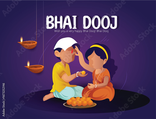Illustration featuring a brother and sister celebrating Bhai Dooj with festive traditions, showcasing family bonding and cultural warmth.