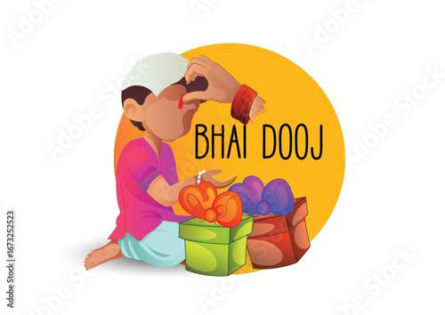 Illustration featuring a brother and sister celebrating Bhai Dooj with festive traditions, showcasing family bonding and cultural warmth.