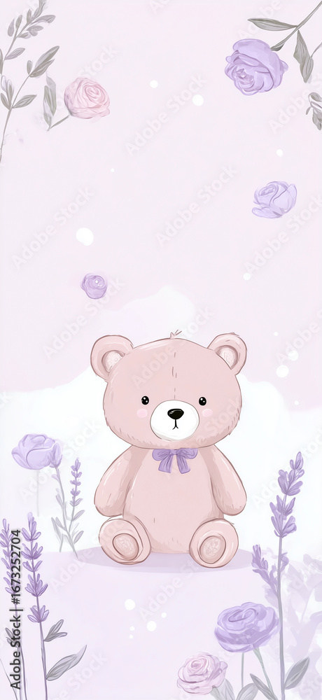 Fototapeta premium Cute teddy bear illustration with pastel flowers background 