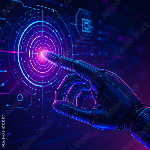 Futuristic AI Robot Hand with Holographic Interface, Cyber Concept