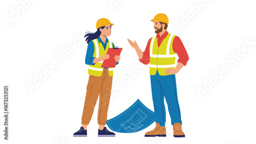 Construction workers discussing project plan with blueprint on site