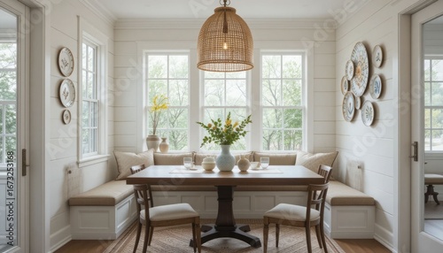 Bright and welcoming breakfast nook with a modern take on the classic white shiplap walls, botanical plates on metal rails, and a huge weaving scalloped pendant light.