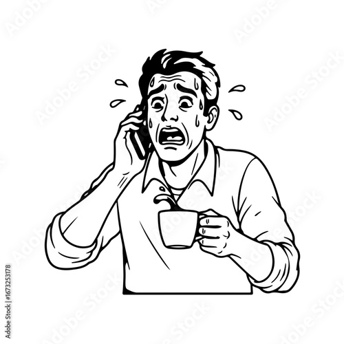 Stressed and panicked man talking on the phone and spilling his coffee, a retro concept