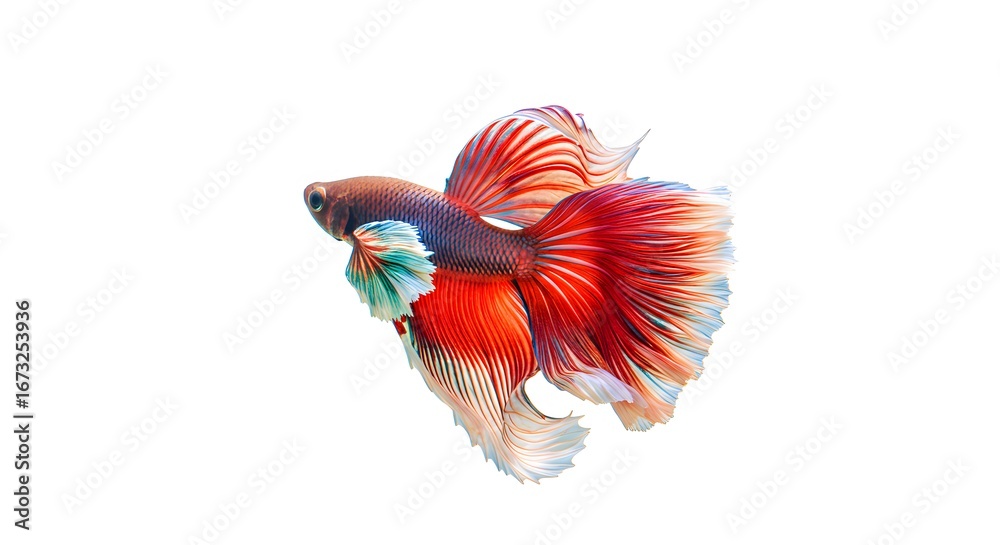 Fototapeta premium Vibrant Red and White Halfmoon Betta Splendor: A Stunning Aquatic Portrait