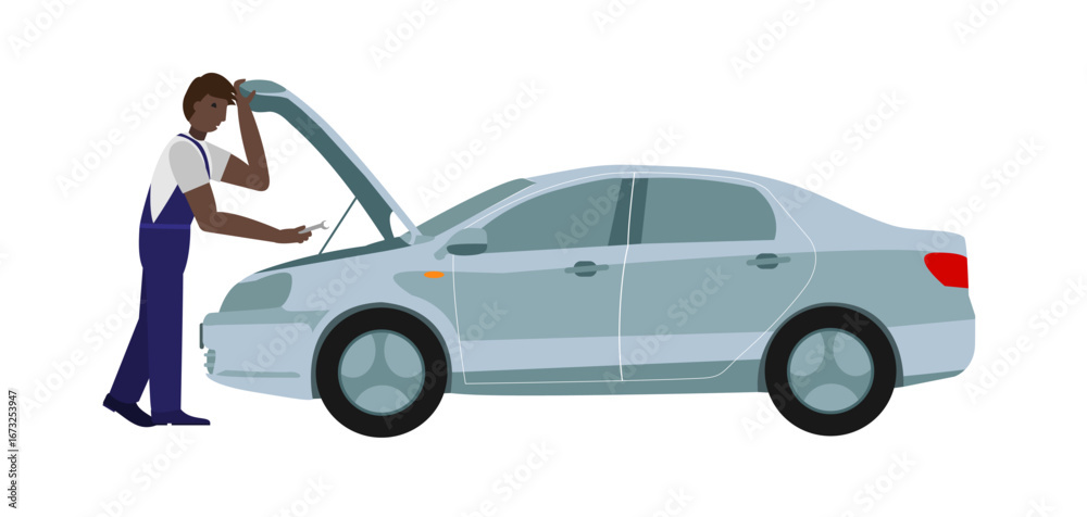 The car repairman looks under the hood of the car. Car service. Flat. Vector.eps The car repairman looks under the hood of the car. Car service. Flat. Vector.eps