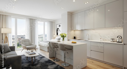 Modern bright studio apartment with open kitchen, living area, and expansive city views from balcony.