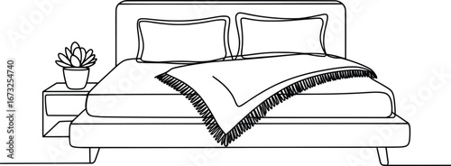 Modern Bedroom Bed Vector, Minimalist Furniture Line Illustration.
