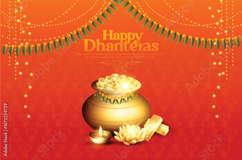 Dhanteras with this vibrant design featuring a kalash, lotus flower, gold coins, and decorative patterns on a rich red and yellow background symbolizing prosperity and blessings.