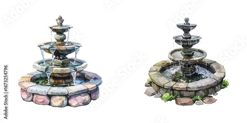 stone fountain watercolor vector illustration