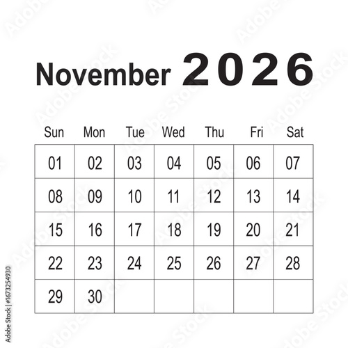 2026 desk Calendar Month Of November