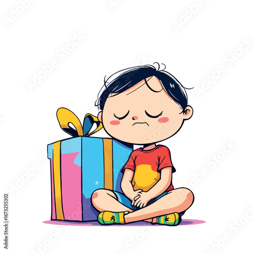 Vsai sad child sitting next to a gift, expressing disappointment