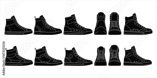 Collection of black high top sneaker silhouettes from different angles on white sneakers shoes