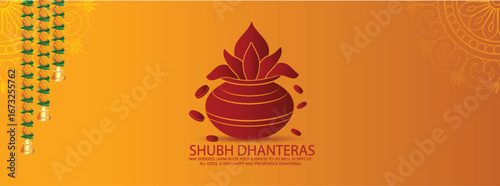 Dhanteras with this vibrant design featuring a kalash, lotus flower, gold coins, and decorative patterns on a rich red and yellow background symbolizing prosperity and blessings.
