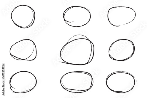 Hand drowning circle line sketch vector set. Highlighter marks, strokes, Art brush design round circular scribble doodle graffiti bubble or ball draft illustration for logo and text.