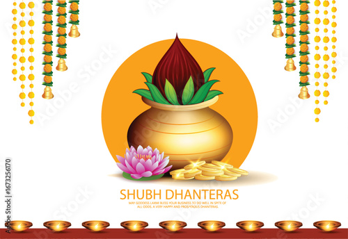 Dhanteras with this vibrant design featuring a kalash, lotus flower, gold coins, and decorative patterns on a rich red and yellow background symbolizing prosperity and blessings.