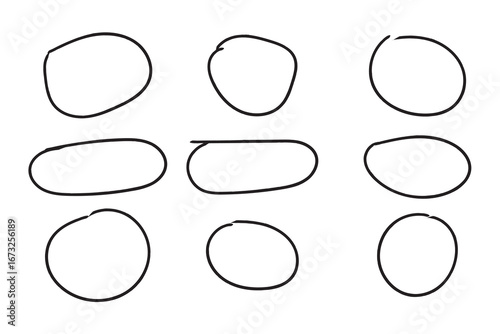 Hand drowning circle line sketch vector set. Highlighter marks, strokes, Art brush design round circular scribble doodle graffiti bubble or ball draft illustration for logo and text.