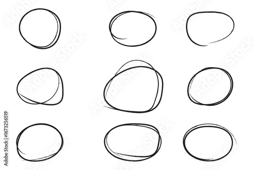 Hand drawn circle highlighter set. Circle, pen draw. Vector marker circular lines, doodle round circles for message note mark design element. Different circles vector illustration.