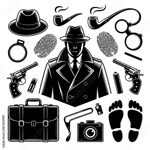 Vintage detective clipart set featuring classic spy and investigator tools