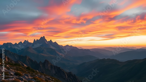 Mountain Landscape at Sunrise with Scenic Clouds and Vivid Colors