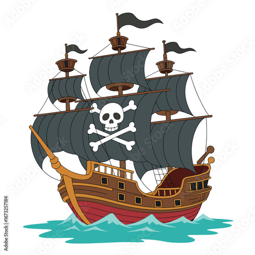A classic pirate ship with black sails and a skull and crossbones flag sailing on the sea