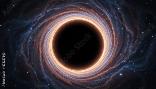 A black hole's event horizon is illuminated by an accretion disk against a starry background.