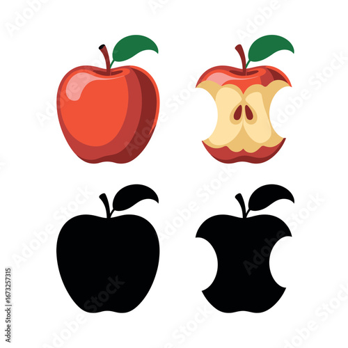 Whole and eaten apple icons with silhouettes