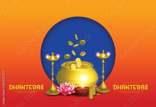 Dhanteras with this vibrant design featuring a kalash, lotus flower, gold coins, and decorative patterns on a rich red and yellow background symbolizing prosperity and blessings.
