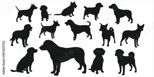 Diverse Dog Breed Silhouettes in Various Poses on White canine puppy