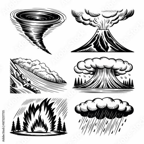 Collection of hand drawn natural disasters and extreme weather events