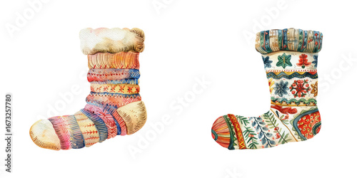 winter knitted sock watercolor vector illustration