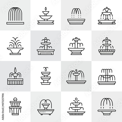 Collection of sixteen different fountain icons in a grid layout