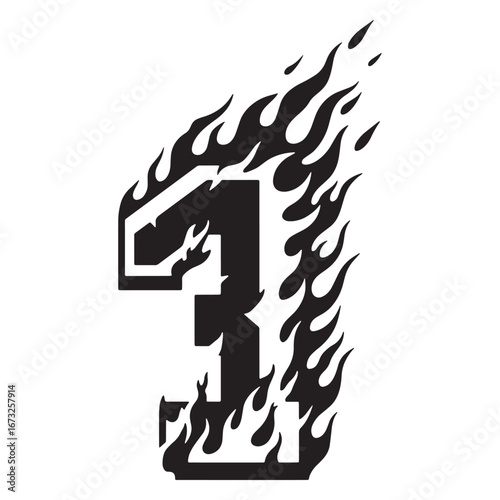 Bold graphic of numeral one consumed by stylized flames, representing ultimate achievement, speed, and triumph. A high-energy black and white vector design