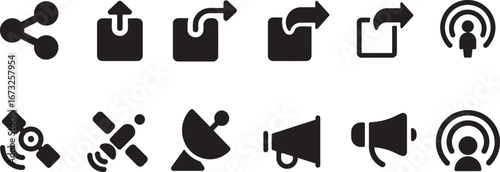 Collection of communication and sharing icons including satellite dishes and broadcast signals vector