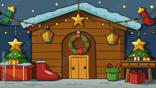 Traditional Christmas setting with star, baubles, garland, wreath, cosy stockings, and presents in a rustic alpine cabin blue backdrop.