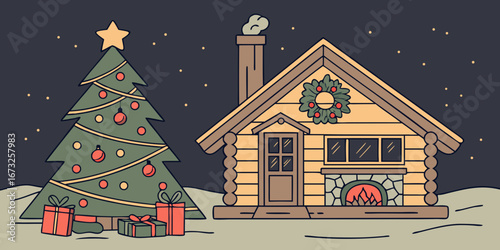 Traditional Christmas setting with star, baubles, garland, wreath, cosy stockings, and presents in a rustic alpine cabin dark isolated backdrop