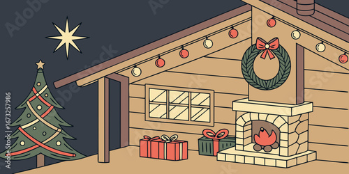 Traditional Christmas setting with star, baubles, garland, wreath, cosy stockings, and presents in a rustic alpine cabin dark isolated backdrop