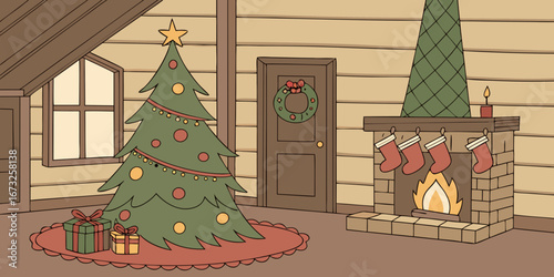 Traditional Christmas setting with star, baubles, garland, wreath, cosy stockings, and presents in a rustic alpine cabin.