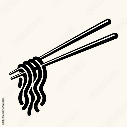 Black and white illustration of chopsticks holding a portion of dark noodles