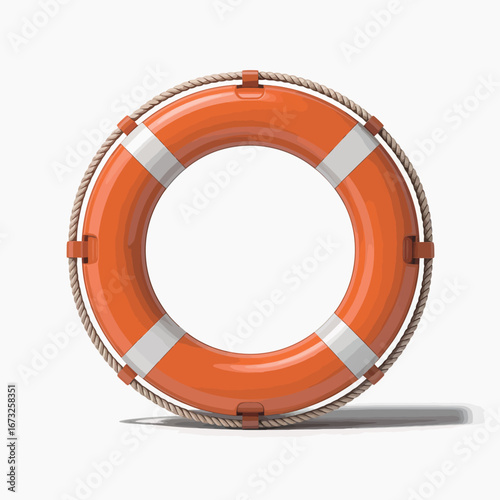 Bright orange lifebuoy ring with white stripes on a white background