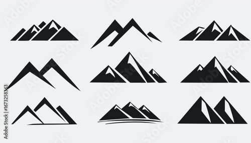 Various mountain range silhouettes are displayed in different black and white styles arranged in a neat row on a white background.mountain, mountain peak, mountain climbing,vector 