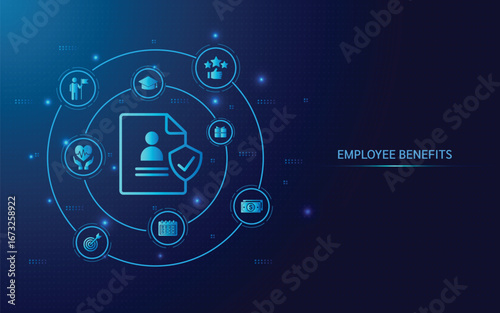 Employee benefits package and engagement concept. Employee health insurance, paid vacation, financial perks, workplace perks. Incentive motivation for corporate company.Vector illustration background.
