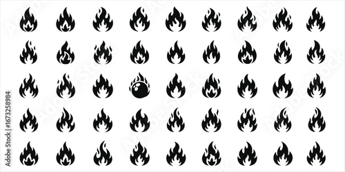 Grid of black fire flame icons with one unique burning ember icon symbol heat