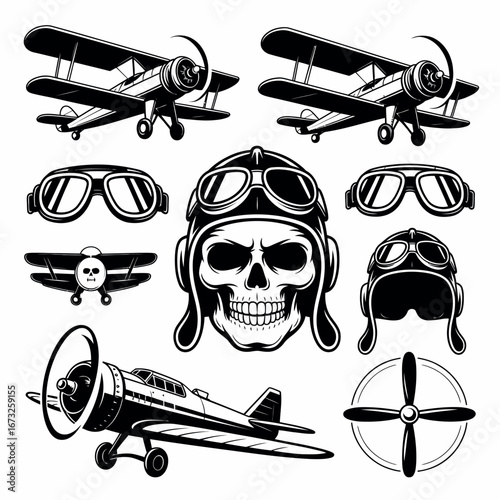 Vintage aviation elements featuring biplanes skull pilot goggles and propellers