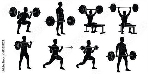 Man doing weightlifting exercises with barbell silhouette on white fitness