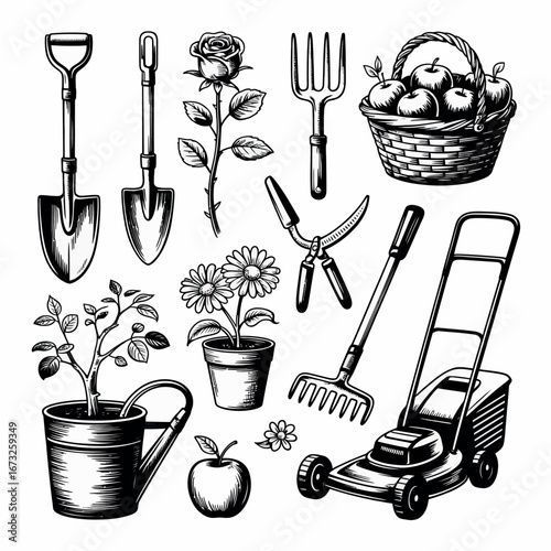 Collection of vintage garden tools and plants in a black and white illustration