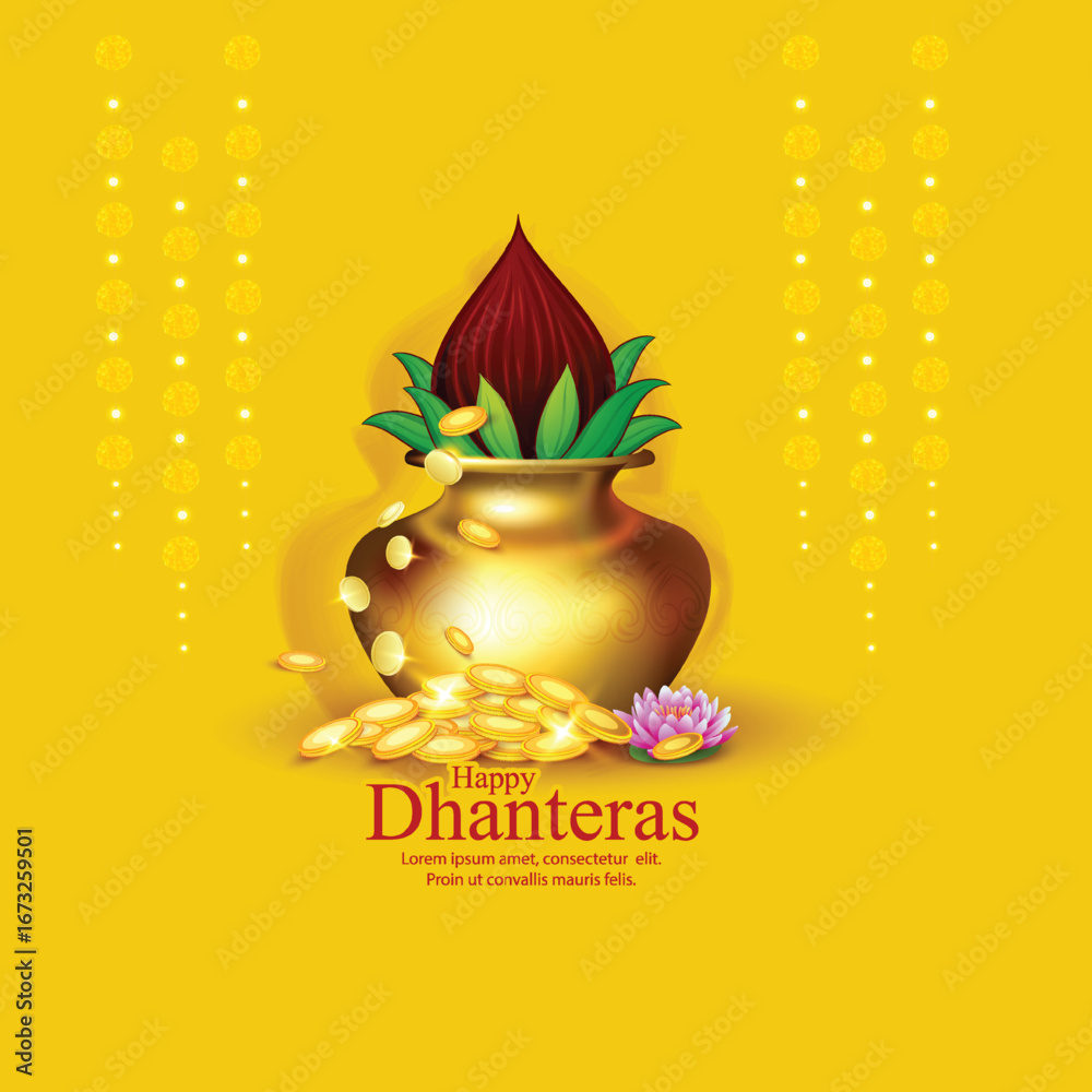 Naklejka premium Dhanteras with this vibrant design featuring a kalash, lotus flower, gold coins, and decorative patterns on a rich red and yellow background symbolizing prosperity and blessings.