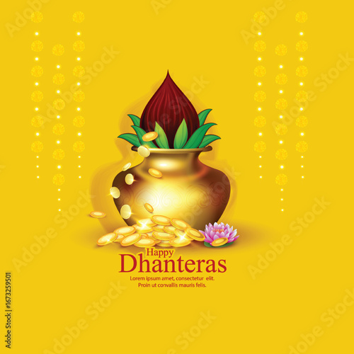 Dhanteras with this vibrant design featuring a kalash, lotus flower, gold coins, and decorative patterns on a rich red and yellow background symbolizing prosperity and blessings.